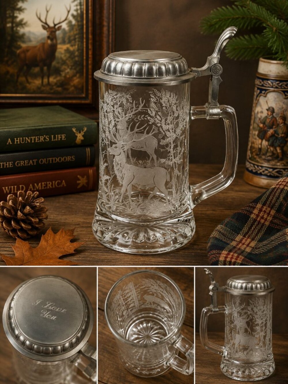 ALWE Vintage Etched Glass Deer Beer Stein Pewter Lid Hunting Tankard Italy